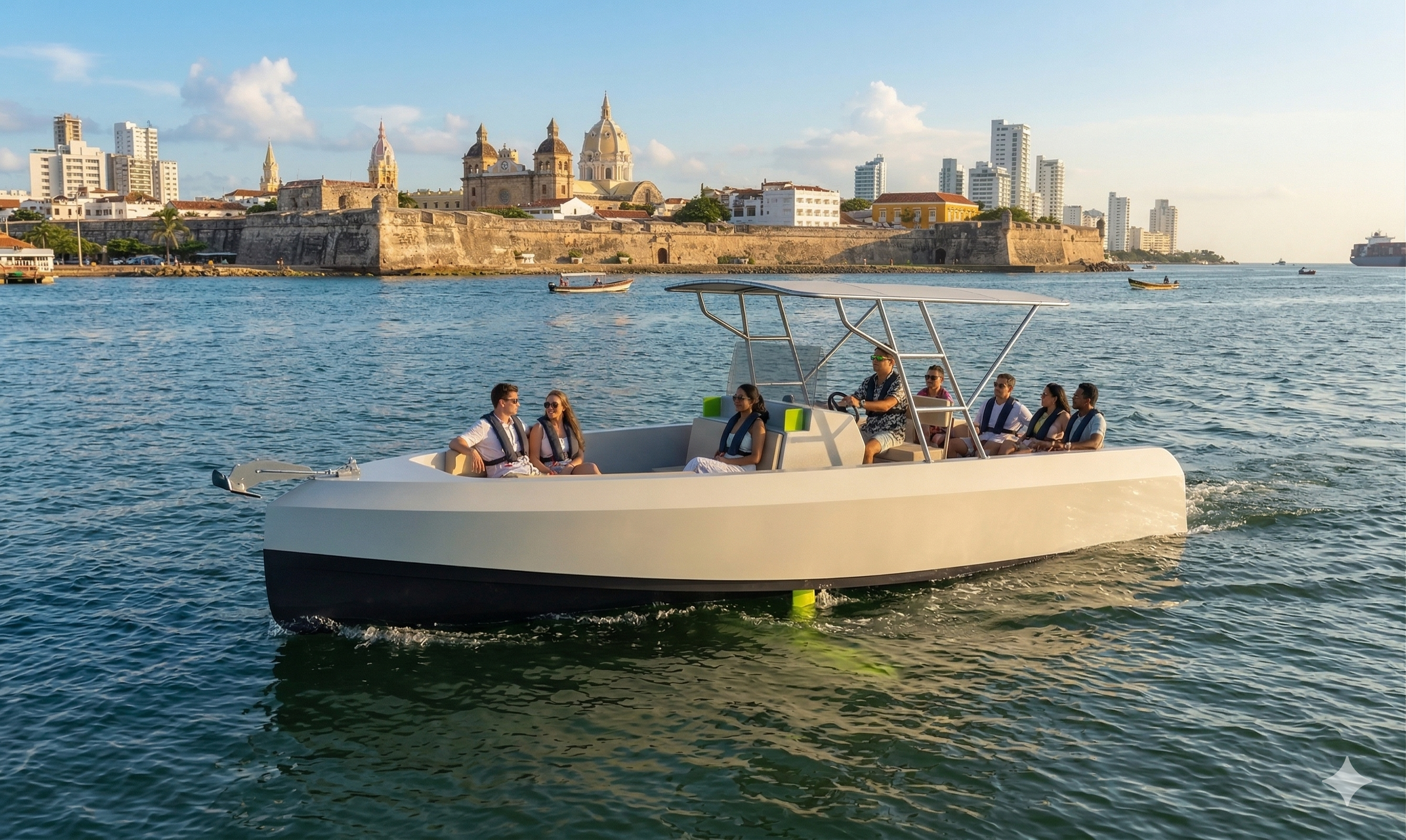 Meridian M1 navegando frente a la ciudad amurallada de Cartagena