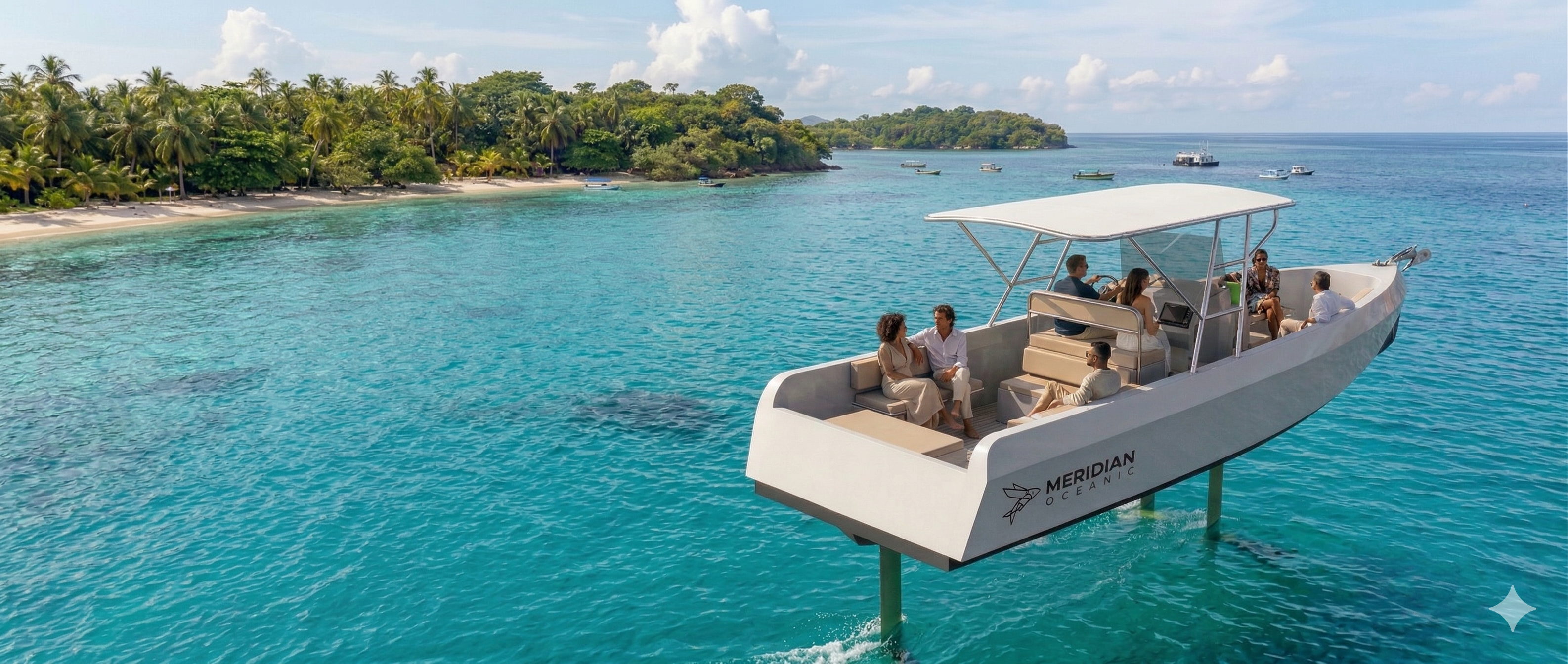 Meridian M1 en vuelo sobre foils junto a una isla tropical
